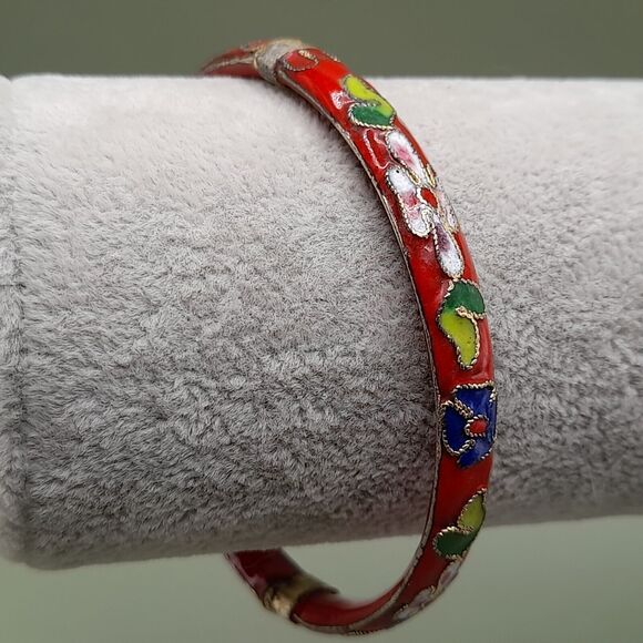 Vintage Asian Gold Trim Red Floral Cloisonné Hinged Bangle Bracelet, 7 1/4 Inch - Picture 9 of 10